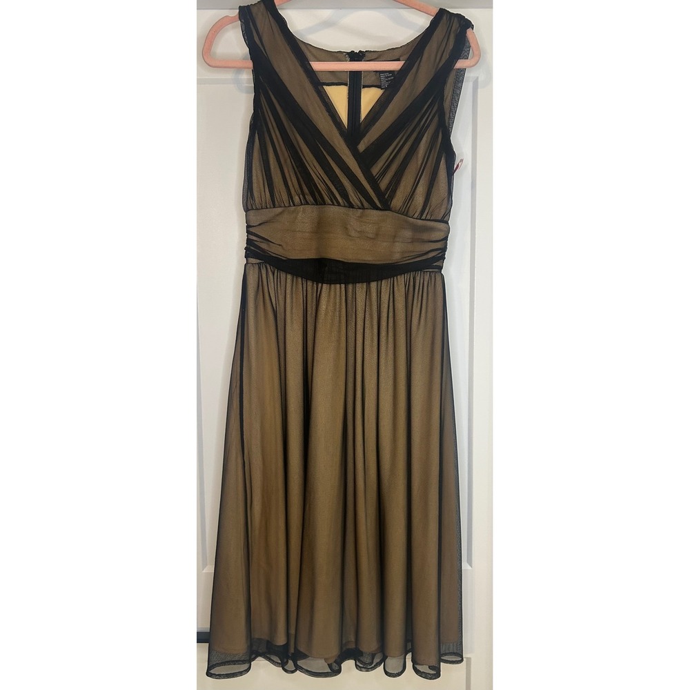Vintage Cami Black Mesh Gold Overlay Sleeveless V-Neck‎ Midi Cocktail Dress 8